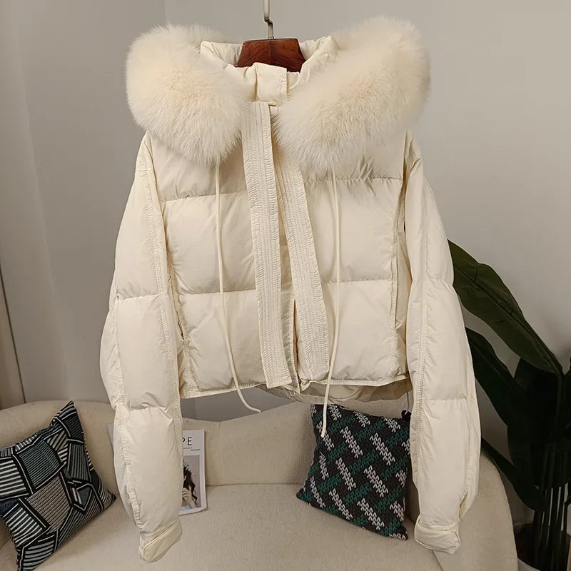 Nouvelle doudoune en duvet pour femmes - Veste d'hiver ample avec col en véritable fourrure de renard et raton laveur - À capuche, épaisse et chaude - Mode streetwear - Extérieur avec parties détachables