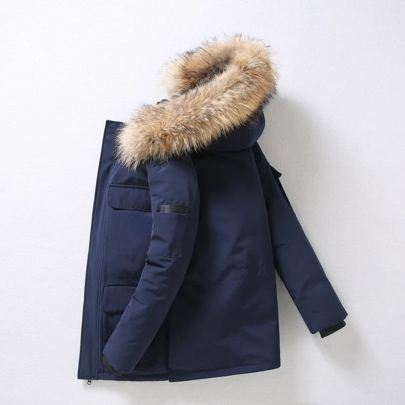 Doudoune de Luxe Homme – Longue, Chaude et Légère, Col en Fourrure Amovible, Hiver