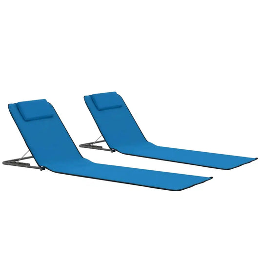 Tapis de plage pliables 2 pcs Acier et tissu BleuChaises longues d'extérieur, meubles de jardin, de piscine, fournitures pour la maison, décoration