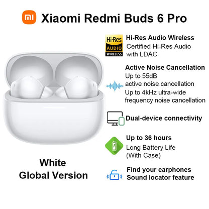 Xiaomi-Écouteurs Bluetooth sans fil Redmi Buds 6 Pro, audio haute résolution, AC satellite, suppression active du bruit 55dB, BT5.3, version globale