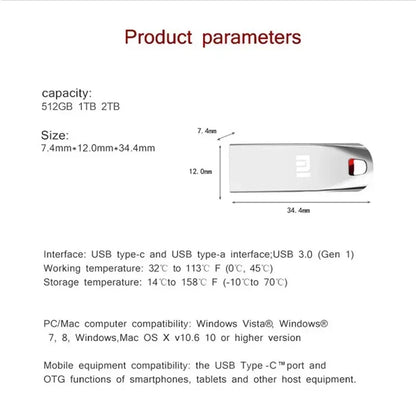 Clé USB 3.0 en métal de 2 to, clé USB haute vitesse 1 to 512 go, clé USB Portable SSD, disque Flash USB, adaptateur TYPE-C