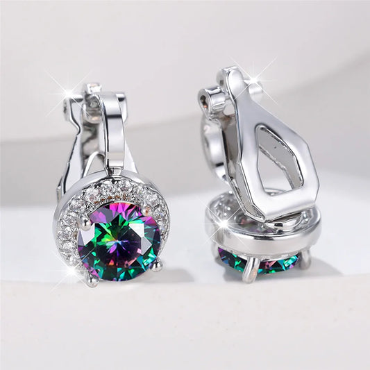 Boucles d'oreilles rondes en pierre de Zircon arc-en-ciel pour femmes, petites boucles d'oreilles à Clip, breloque couleur or jaune, bijoux de mariage pour femmes
