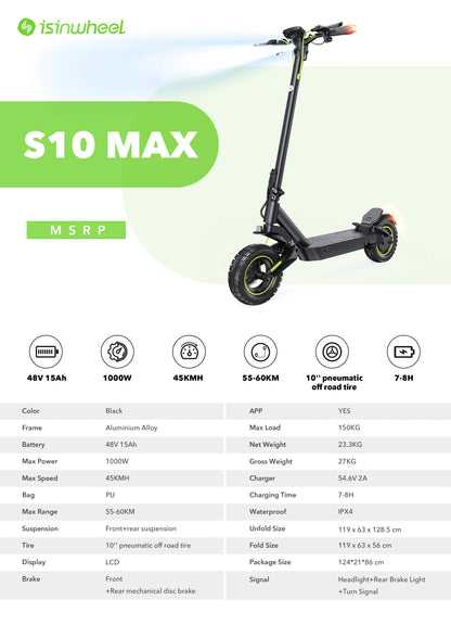 S10Max – Scooter Électrique Pliable 1000W pour Adultes, 45 km/h, Autonomie 60 km, Pneus Tout-Terrain 10"