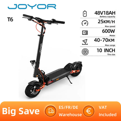 JOYOR T6 Trottinette Electrique Pour Adulte Moteur 600 W, Autonomie Maximale 70 Km, Pneus Tout-Terrain 10 Pouces, Vitesse Maximale 25 km/h