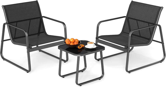 Ensemble de meubles de jardin pour 2 personnes, 3 tables basses avec 2 fauteuils de jardin, salon bistro avec structure en métal, pour jardin, balcon