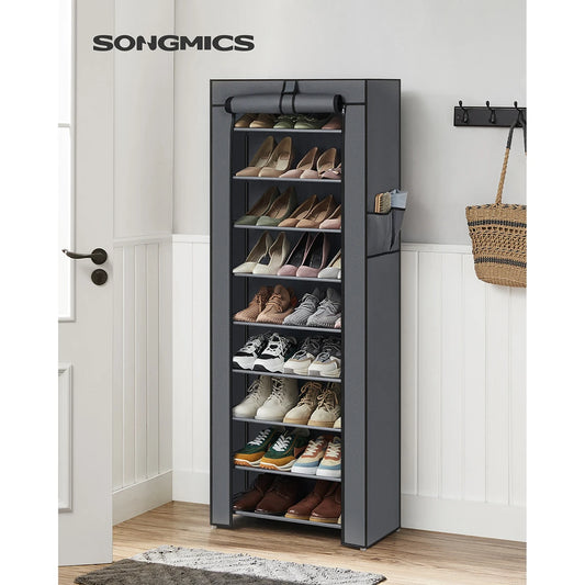 Meuble à Chaussures SONGMICS – 10 Niveaux, Tissu Gris et Cadre Métal, Grande Capacité 27 Paires