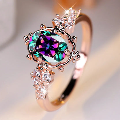 Bagues de fleurs ovales en cristal arc-en-ciel mystique pour femmes, bague de mariage, document en or rose, bande de fiançailles pour patients, cadeau de bijoux