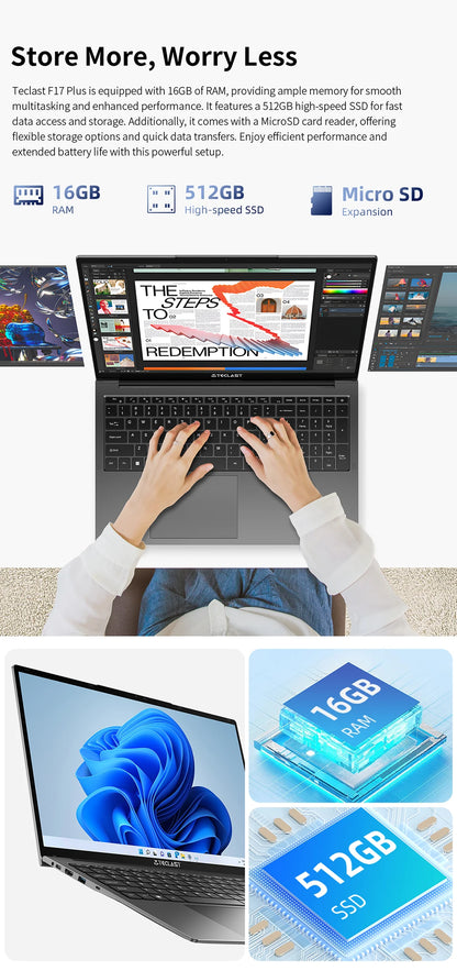 💻 Teclast F17Plus – Ordinateur portable 17.3" IPS, Intel N95, 16GB RAM, 512GB SSD