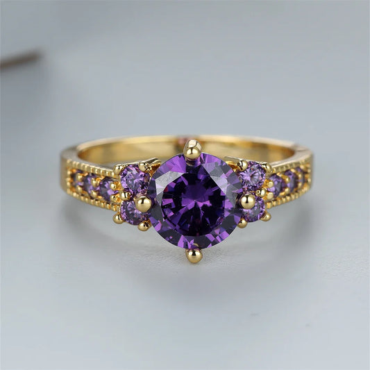 Bagues de fiançailles rondes en cristal violet pour femmes, Vintage, couleur or, bracelet de mariage, breloque, pierre de naissance, bijoux, accessoire de mode
