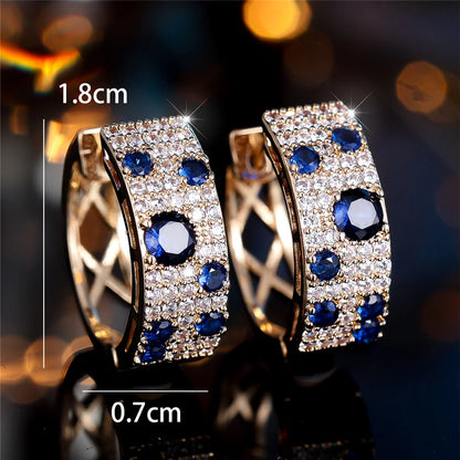 Boucles d'oreilles rondes en pierre de Zircon blanc et bleu pour femmes, bijoux de mariage couleur or à la mode
