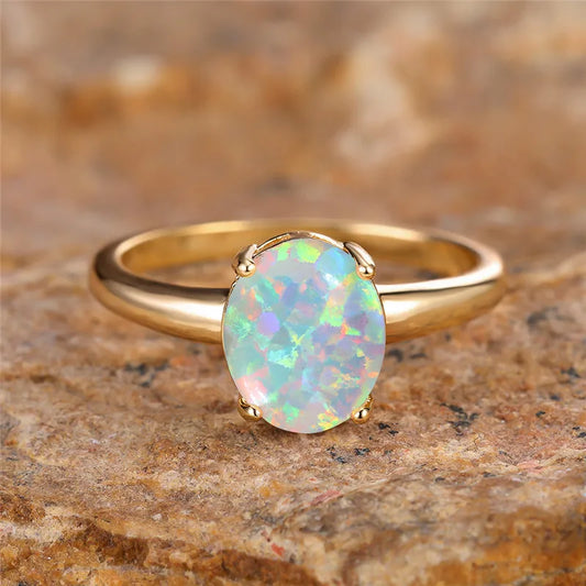 Grande bague de fiançailles en pierre ovale, opale de feu blanche, anneaux d'œuf pour femmes, Vintage, couleur or, bandes de mariage, bijoux, accessoire minimaliste
