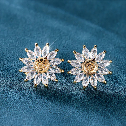 Boucles d'oreilles de luxe en pierre blanche pour femmes, couleur or, bijoux en pierre de Zircon pour femmes, breloque fleur en cristal, boucle d'oreille de mariage