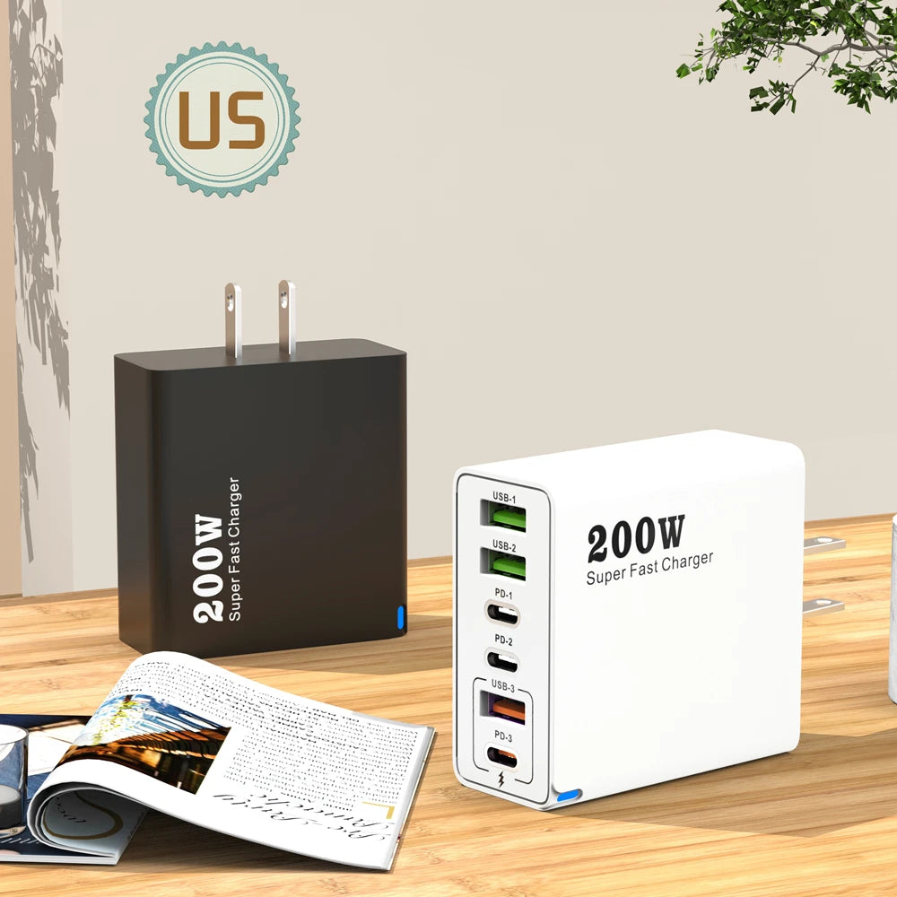 Xiaomi 200W charge Super rapide 6 ports USB C chargeur PD3.0 USB C Type C chargeur de téléphone portable pour iPhone 16 Samsung Xiaomi ipad