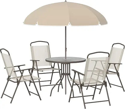 Ensemble de meubles de jardin 6 pièces, table ronde + 4 chaises pliantes + parasol, café en acier époxy textilène polyester beige