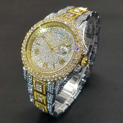 TikTok montre-bracelet en diamant pour hommes de luxe plaqué or 18 carats montres à quartz jour Date discothèque montre de fête unisexe rappeur bijoux