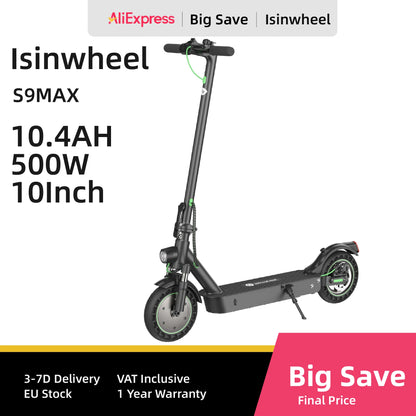 ISINWHEEL S9 MAX – Scooter Électrique Adulte 500W, Batterie 36V 10,4Ah, Pneus 10"