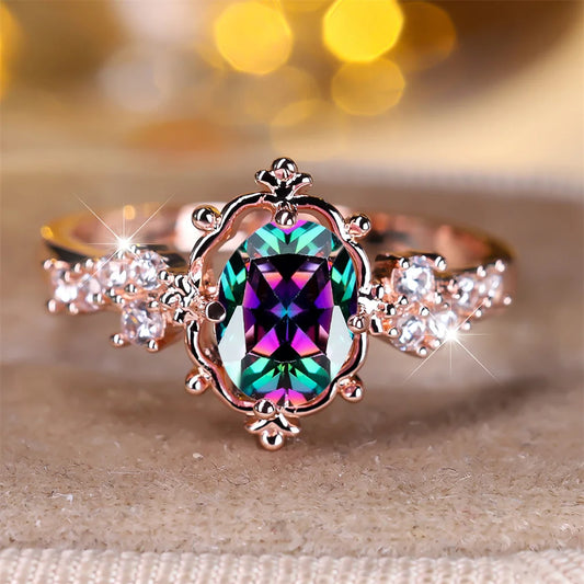 Bagues de fleurs ovales en cristal arc-en-ciel mystique pour femmes, bague de mariage, document en or rose, bande de fiançailles pour patients, cadeau de bijoux