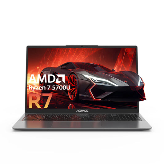 ACEMAGIC ordinateur portable de jeu 15,6" FHD, AMD Ryzen 7 5700U, 16 Go RAM, SSD NVMe 512 Go, Wi-Fi 6, Windows 11, graphiques AMD Radeon, batterie 4800 mAh, parfait pour gaming, travail et divertissement.