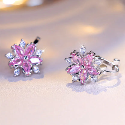Boucles d'oreilles de luxe en pierre de Zircon rose pour femmes, petites boucles d'oreilles à Clip, couleur argent, bijoux de mariage pour femmes