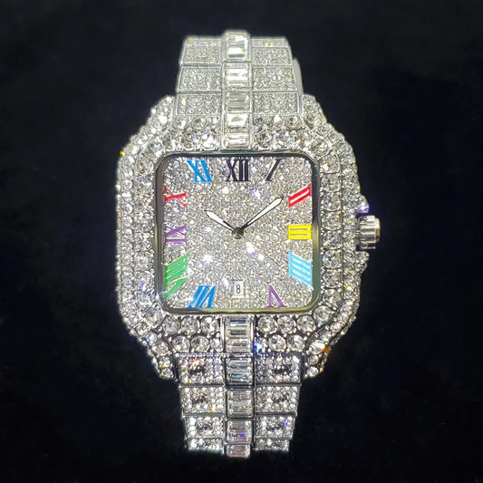 Montre en diamant de luxe pour hommes, montres numérotées colorées carrées glacées, bijoux Hip Hop Bling, Reloj zones bre pour la fête, nouvelle mode, 2025