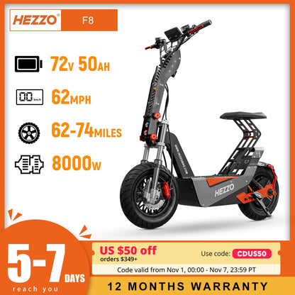 HEZZO F8 Electric Scooter 16 Inch Foldable 72v 8000W 62.5MPH 50Ah Long Range Off Road Escooter Motorbike With Seat US Warehouse