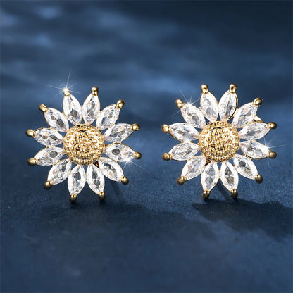 Boucles d'oreilles de luxe en pierre blanche pour femmes, couleur or, bijoux en pierre de Zircon pour femmes, breloque fleur en cristal, boucle d'oreille de mariage