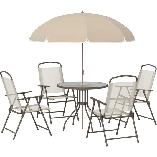 Ensemble de meubles de jardin 6 pièces, table ronde + 4 chaises pliantes + parasol, café en acier époxy textilène polyester beige
