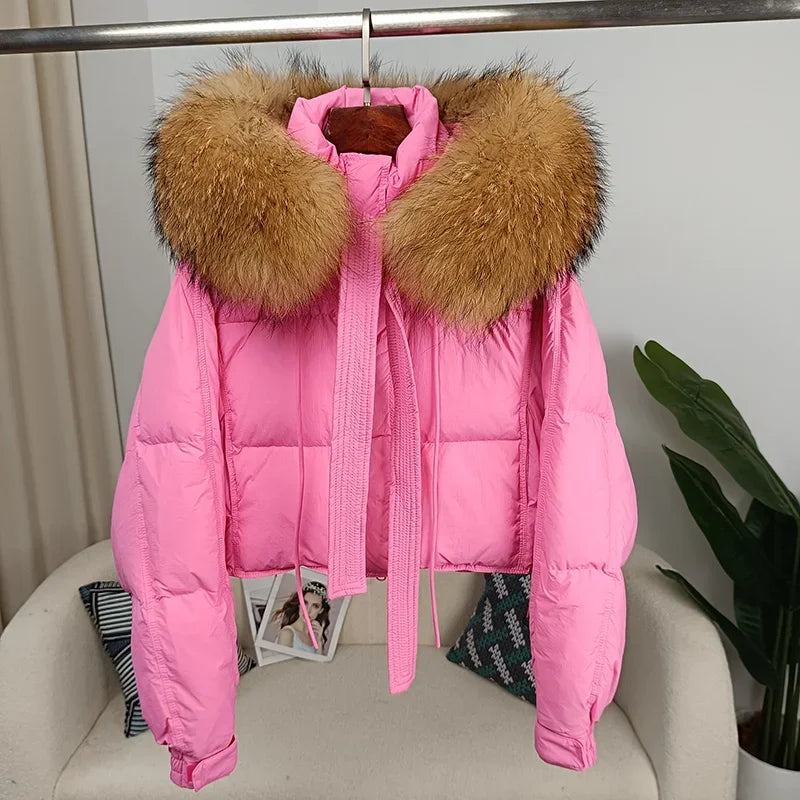 Nouvelle doudoune en duvet pour femmes - Veste d'hiver ample avec col en véritable fourrure de renard et raton laveur - À capuche, épaisse et chaude - Mode streetwear - Extérieur avec parties détachables