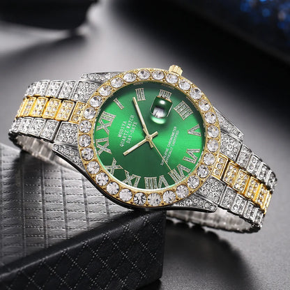 Hip Hop glacé hommes montre pleine AAA strass autour de luxe montres à Quartz horloge ronde unisexe montre-bracelet cadeau pour petit ami