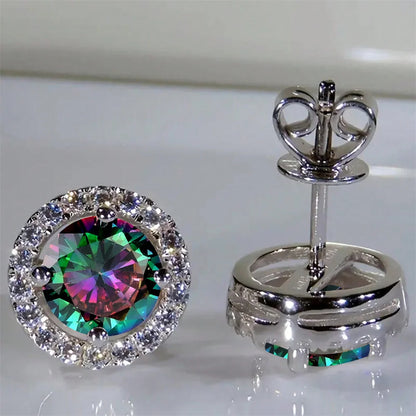 Boucles d'oreilles classiques en pierre ronde à quatre griffes pour femmes, cristal arc-en-ciel, Zircon multicolore, couleur argent, bijoux de fiançailles