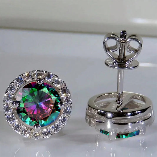 Boucles d'oreilles classiques en pierre ronde à quatre griffes pour femmes, cristal arc-en-ciel, Zircon multicolore, couleur argent, bijoux de fiançailles