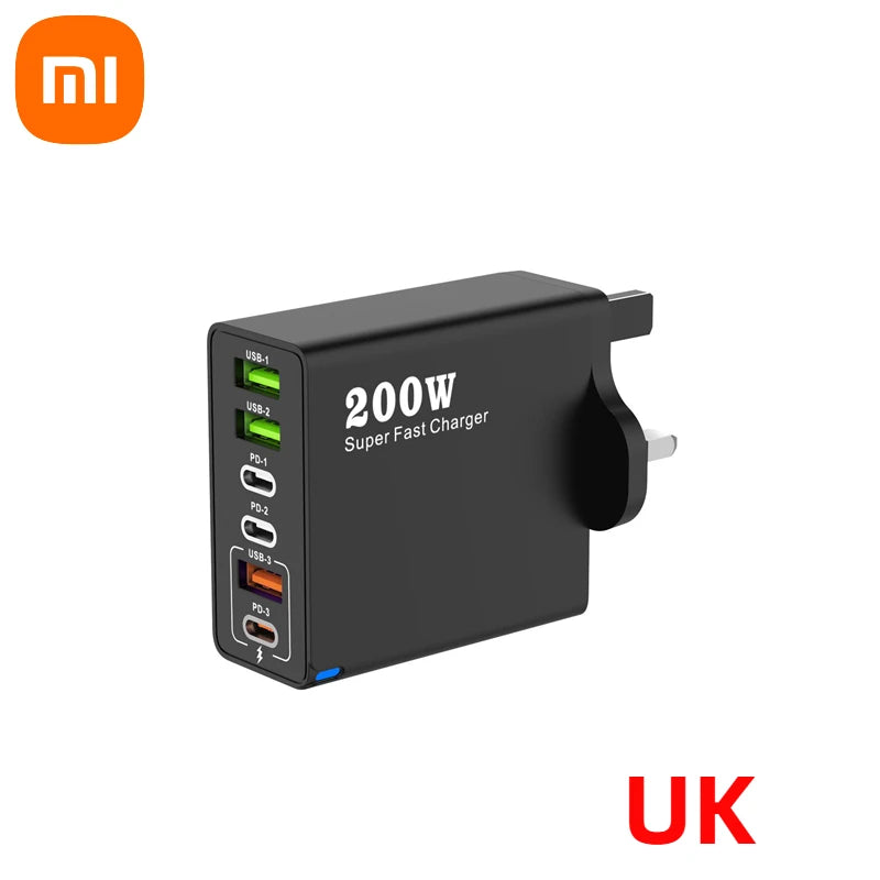 Xiaomi 200W charge Super rapide 6 ports USB C chargeur PD3.0 USB C Type C chargeur de téléphone portable pour iPhone 16 Samsung Xiaomi ipad
