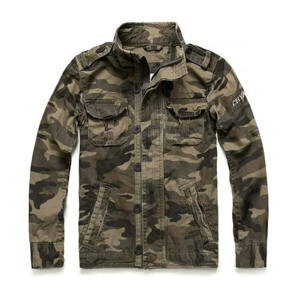 Veste militaire homme en denim – Col roulé, poches pratiques, printemps/automne