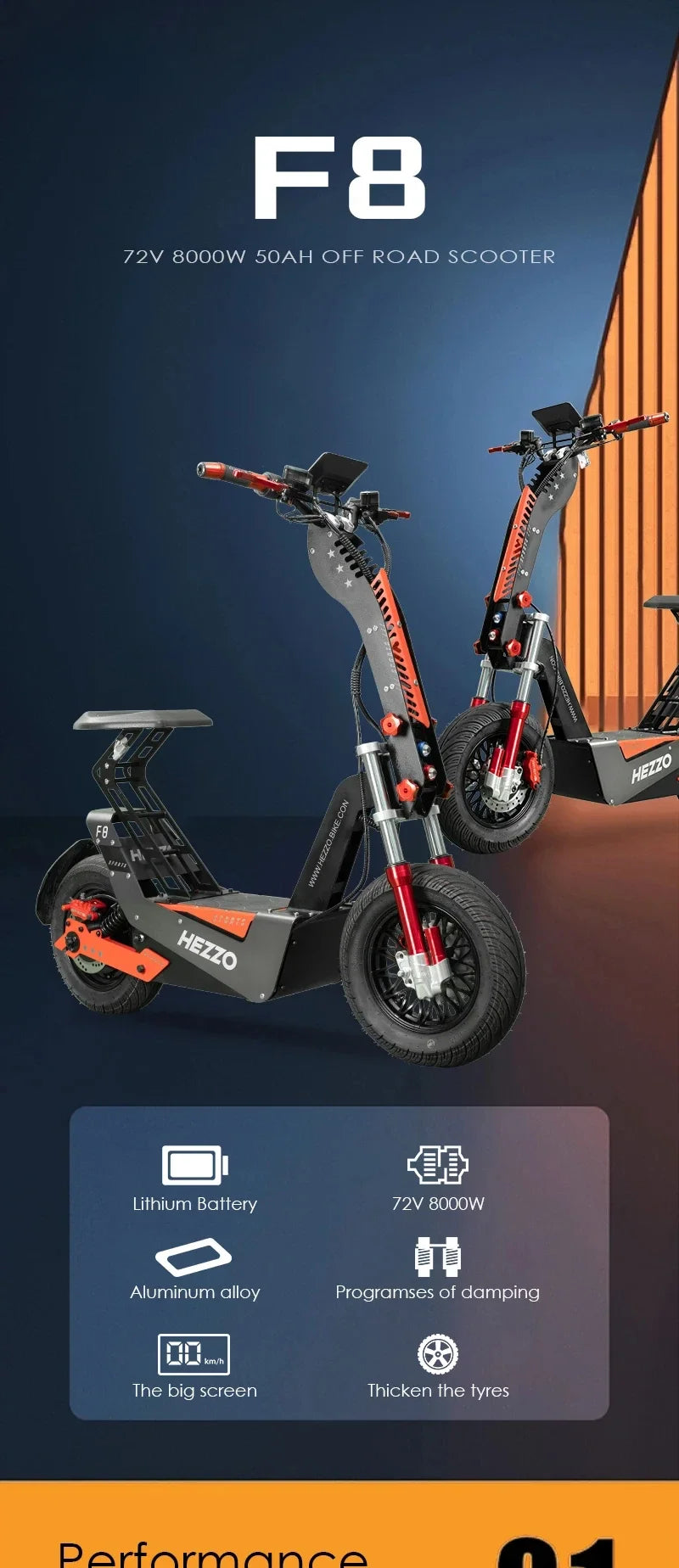 HEZZO F8 Scooter électrique 16 pouces pliable 72v 8000W 62.5MPH 50Ah longue portée hors route Escooter moto avec siège entrepôt américain