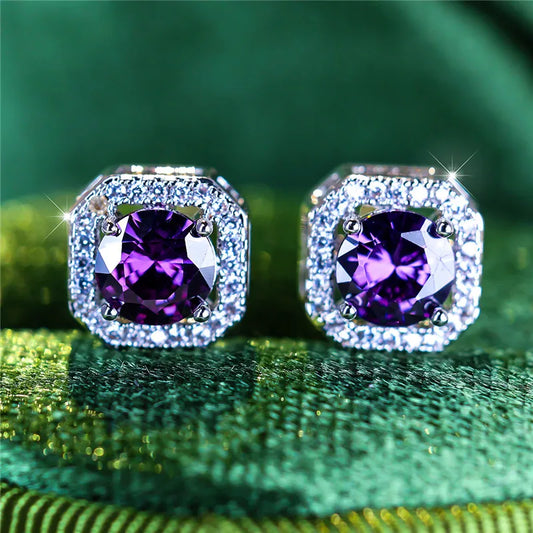 Boho-Boucles d'oreilles rondes violettes en pierre pour femme, bijoux de mariage, mignon document en argent, été