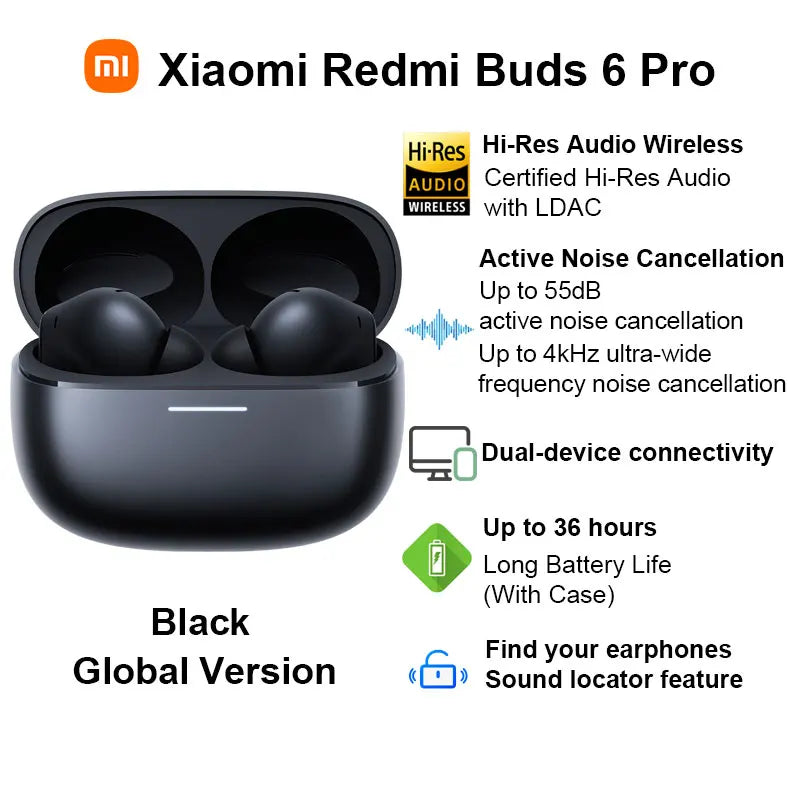 Xiaomi-Écouteurs Bluetooth sans fil Redmi Buds 6 Pro, audio haute résolution, AC satellite, suppression active du bruit 55dB, BT5.3, version globale
