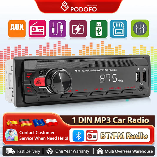 Autoradio Podofo 1DIN Bluetooth USB SD AUX – Lecteur MP3 avec Assistant Vocal