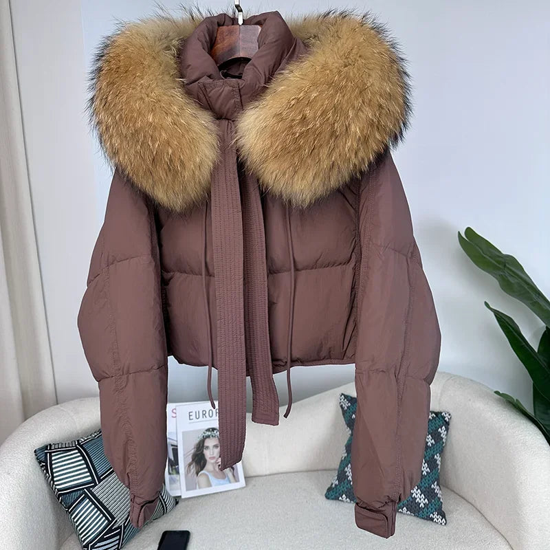 Nouvelle doudoune en duvet pour femmes - Veste d'hiver ample avec col en véritable fourrure de renard et raton laveur - À capuche, épaisse et chaude - Mode streetwear - Extérieur avec parties détachables