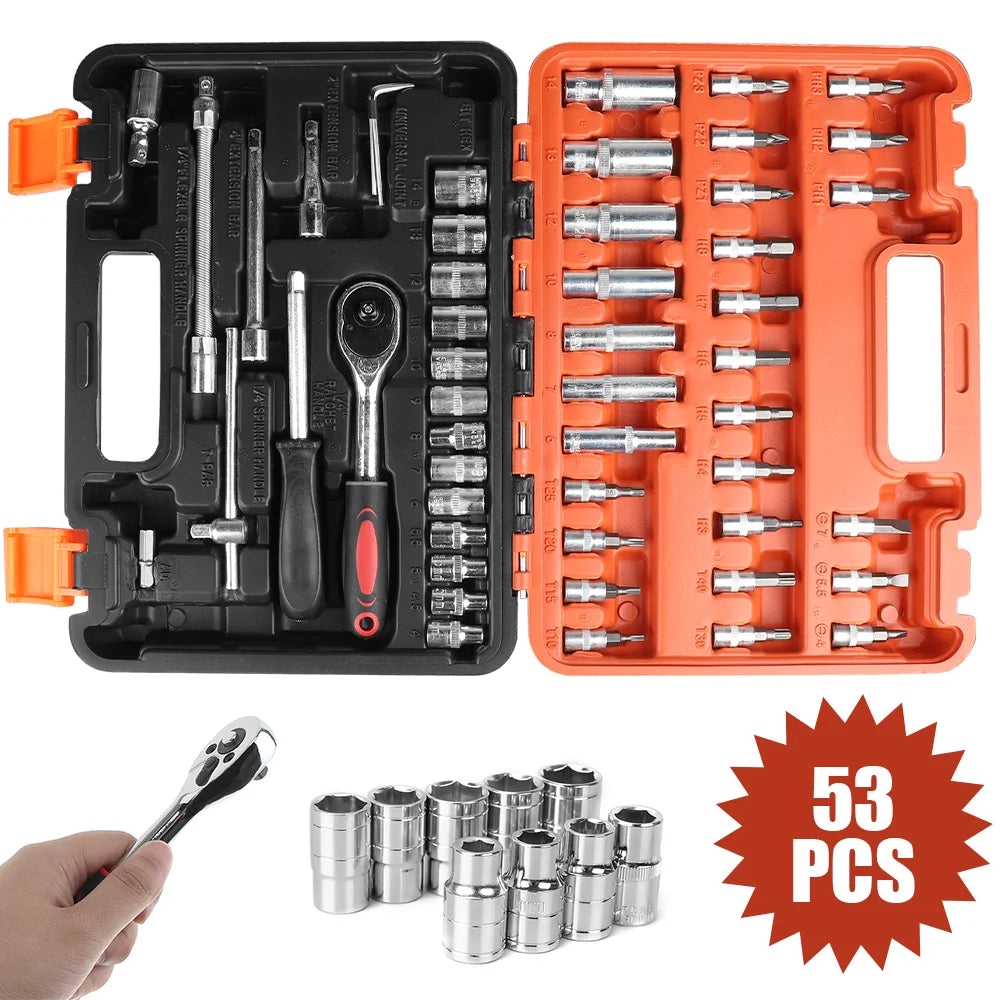 53 pièces/ensemble Kit d'outils de réparation de voiture jeu de douilles d'entraînement outils de réparation de voiture clé dynamométrique à cliquet Combo outil de réparation automobile jeu de douilles d'embout