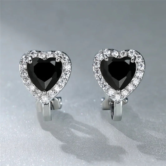 Boucles d'oreilles Vintage à Clip en pierre noire, cristal rose, Zircon blanc, cœur d'amour pour femmes, bijoux délicats en pierre de naissance couleur argent