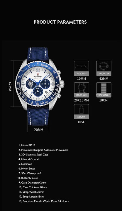 HANBORO hommes montre automatique montres de luxe montre-bracelet mécanique militaire 50M bracelet en Nylon étanche mois semaine Date 24 heures