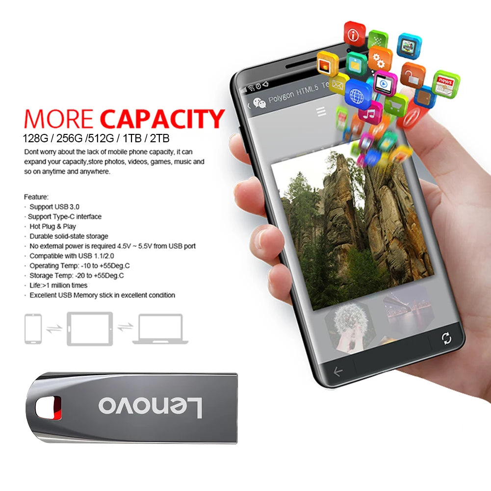 Lenovo-Clé USB 3.0 en métal haute vitesse, clé USB portable, mémoire étanche, disque flash, 1 To, 512 Go, 256 Go, 2 To