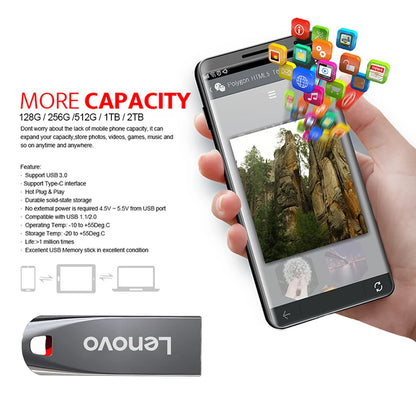 Lenovo-Clé USB 3.0 en métal haute vitesse, clé USB portable, mémoire étanche, disque flash, 1 To, 512 Go, 256 Go, 2 To