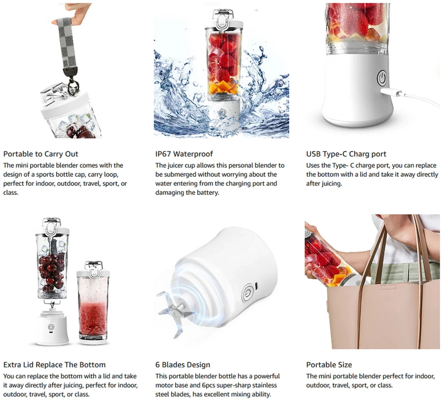 Blender Portable 600 ml – 6 Lames Inox &amp; Recharge USB-C