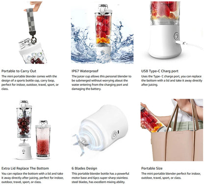 Blender Portable 600 ml – 6 Lames Inox &amp; Recharge USB-C
