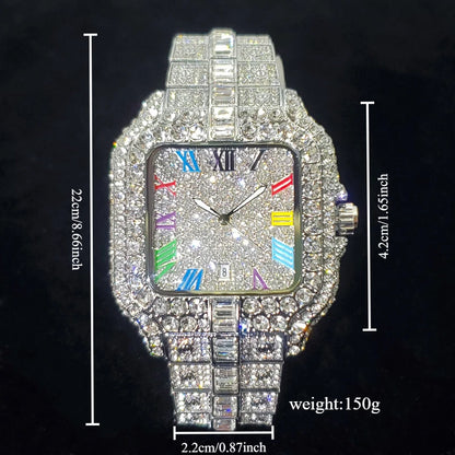 Montre en diamant de luxe pour hommes, montres numérotées colorées carrées glacées, bijoux Hip Hop Bling, Reloj zones bre pour la fête, nouvelle mode, 2025