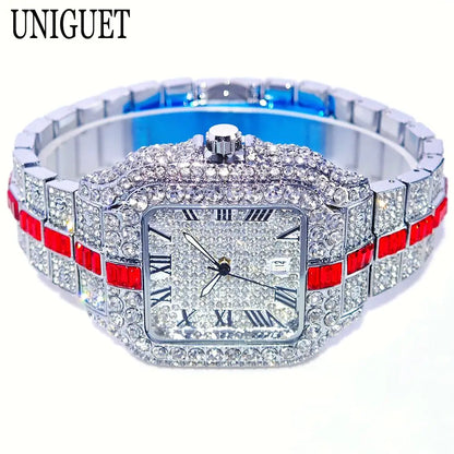 Montres de luxe en diamant rouge pour hommes, marque ummy GUET, Hip Hop, glacé, bling, bijoux, montre-bracelet, mode, étanche, horloges à quartz carrées