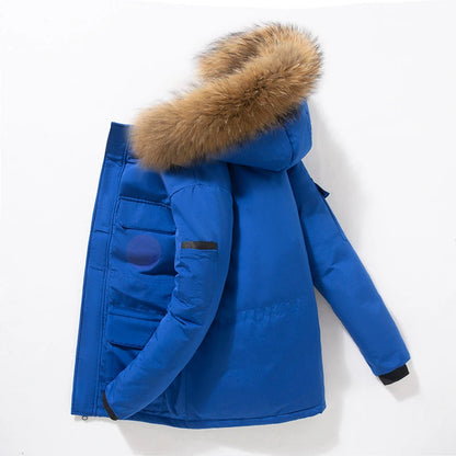 Doudoune de Luxe Homme – Longue, Chaude et Légère, Col en Fourrure Amovible, Hiver