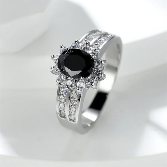 Bagues de fiançailles en pierre naren cristal noir vintage pour femmes, argent carillon, document, bande de mariage, accessoire de bijoux, cadeau de fête des mères