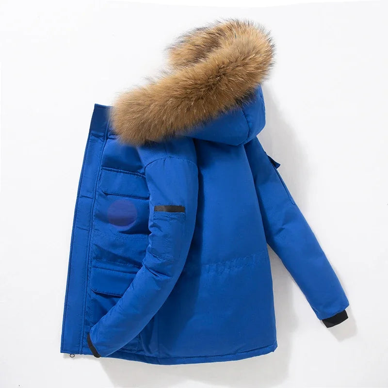 Doudoune de Luxe Homme – Longue, Chaude et Légère, Col en Fourrure Amovible, Hiver